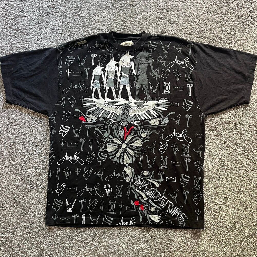 Vintage Y2K Akademiks Egyptian All Over Print AOP T Shirt Black Size 2XL